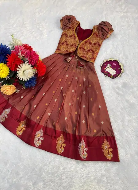 Ajd 8148 Soft Silk Golden Zari Weaving Work Kids Wear Gown Collections Wholesale Online